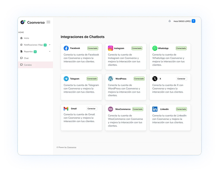 Pantalla de integraciones de Coonverso con Facebook, Instagram, WhatsApp, Telegram, WordPress y WooCommerce conectados