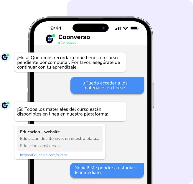 Conversación de WhatsApp en la que el agente de IA de Coonverso recuerda un curso pendiente y comparte el enlace a los materiales